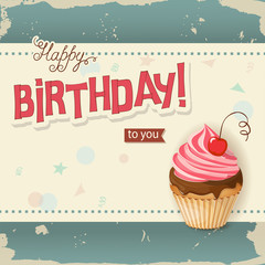 vintage birthday card with realistic cherry cupcake