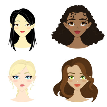 Set of beautiful women of different nation. Vector illustration. Flat design.