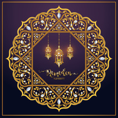 Ramadan Kareem greeting background Islamic with gold patterned and crystals on paper color background.