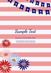 Template Design poster. Blank text frame. Hand drawn flowers silhouette. American flag colors. Wedding invitation card, holiday sale, party event background. A4 size flyer. Vector vintage illustration