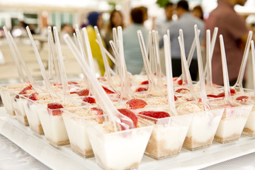 Strawberry Cups  Served for Guests on Table. Spoons on Cup