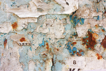 Old, torn bulletin board, street empty public billboard.