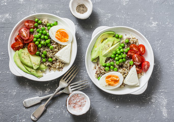 Savory  breakfast grain bowl. Balanced buddha bowl with quinoa, egg, avocado, tomato, green pea. Healthy diet food concept. Top view, flat lay