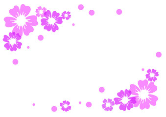 Illustration of pink and violet flowers and dots on white background with place for text for decoration, frame, border, wedding invitation, poster