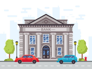 Cartoon bank or government building with roman columns. Money loan house vector illustration