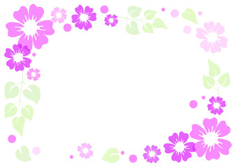Illustration of pink and violet flowers, green leaves and dots on white background with place for text for decoration, frame, border, wedding invitation, poster, photo