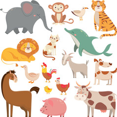 Child cartoons elephant, gull, dolphin, wild animal. Pet, farm and jungle animals vector cartoon illustration collection © Tartila