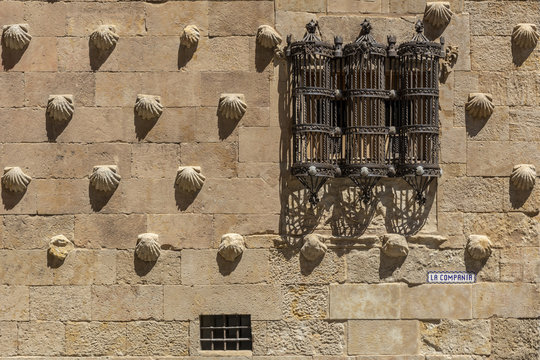 Detalle de la verja de hierro en las ventanas de la Casa de las conchas de Salamanca en Espa&ntilde;a