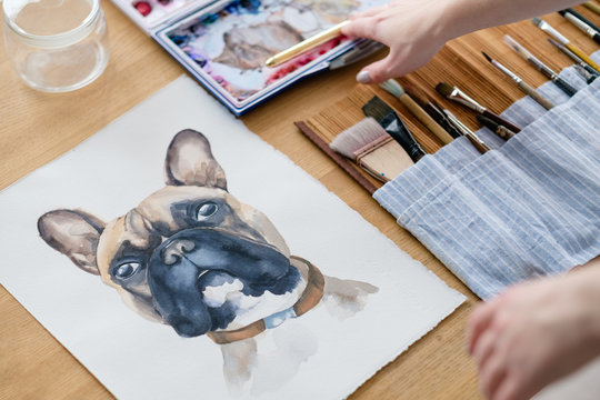 art painting. inspiration and creativity concept. picture of a dog. drawing of a french bulldog. artist creations.