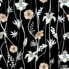 White flowers, black seamless pattern.