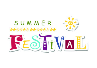 Lettering of Summer festival with different letters in red, blue, yellow in paper cut style decorated with sun and ornament on white background for festival, advertisement, poster, banner, decoration