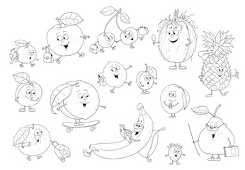 Set of cute funny fruits. Illustration for children. Coloring page. Funny cartoon characters isolated on white background