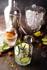 Gin tonic cocktail with cucumber, rosemary and ice