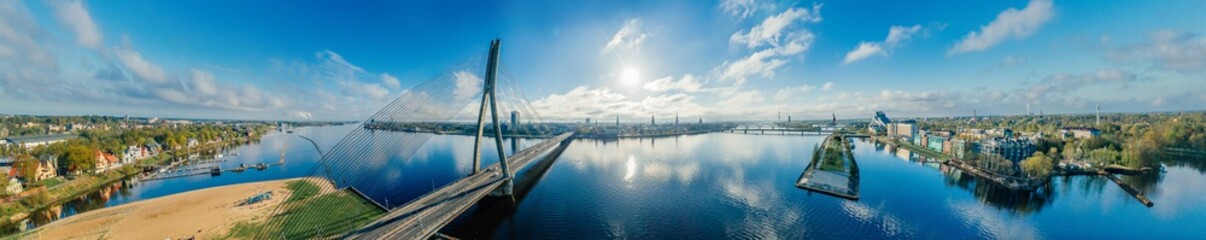 Sphere Planet. Bridge and houses in Riga city, Latvia 360 VR Drone picture for Virtual reality, Panorama
