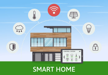 Obraz premium Modern Smart House infographic banner. Flat design style concept, technology system with centralized control. Vector illustration.