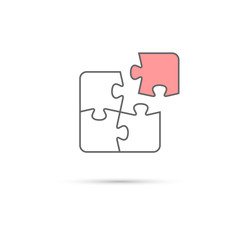 Puzzle icon. Vector white and pink puzzle pieces isolated on white background.
