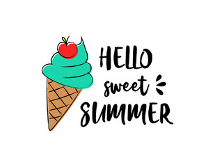 Ice cream. Summer poster - hand drawn icon with funny text. Vector.