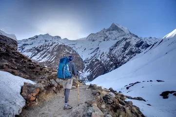 Photo sur Plexiglas Annapurna Trekker sur le chemin du camp de base de l& 39 Annapurna, Népal