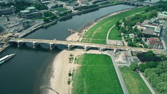 Aerial view of bridge renovation works in Dresden, Germany