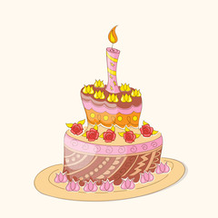 doodle colorful birthday cake with roses and three candles