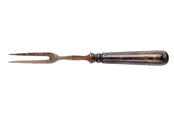 antique rusty fork, old fork with two teeth isolated on white background.