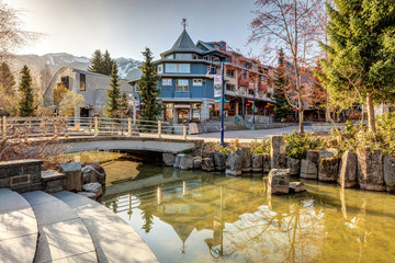 Sunlight on the Whistler Village Stroll on a quiet morning in Spring