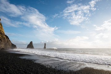 Iceland, Black sand beach with wave, sunset