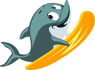 Dolphin cute flat design surfing isolated on white background