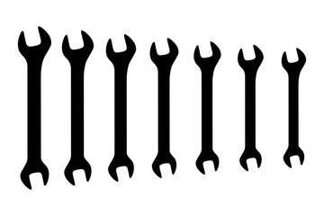 Vector black double open ended wrench spanner set on white background