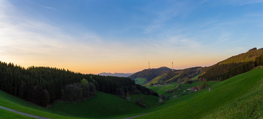 Germany, Large panorama of nature sunset landscape in black forest valley