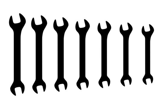 Vector black double open ended wrench spanner set on white background