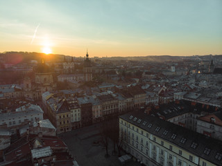 beauty panoramic view on sunrise over old european city