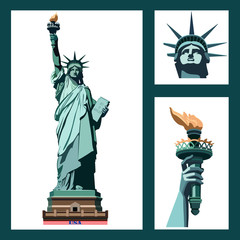 Statue of Liberty USA. ART. New York landmark. The bronze sculpture. Set three illustrations. postcard and flyer,Green logo on a white background.American symbol.Best sets, templates.logo, icon,EPS 10 © VASYL