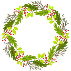 Naklejka premium Cute Summer Decorative Wreath with Oak Leaves and red berries