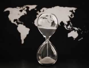Artwork in retro style,  sandglass, world political map, time passing