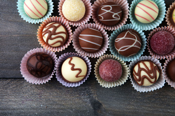 a lot of variety chocolate pralines, belgian confectionery gourmet chocolate.