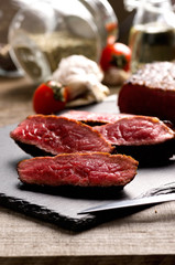 black angus rare steak sliced plate