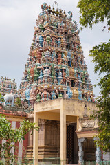 The ornate entrance gateway, or Gopuram, at the Sri Desikanathar Hindu temple in  Soorakudi in Tamil Nadu state, India. The temple originated in the 8th century