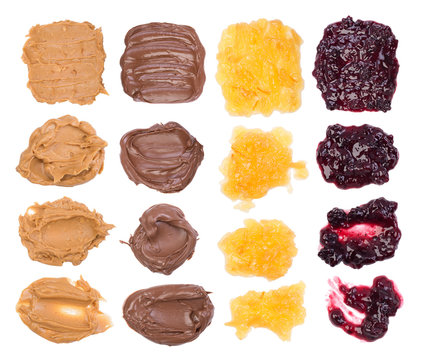 Chocolate, Peanut Butter And Jelly On White Background