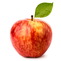 Red Apple with leaf on a white, isolated.