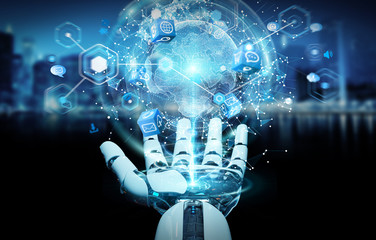 White robot hand using digital screen interface 3D rendering