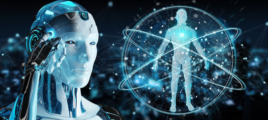 White man robot scanning human body 3D rendering