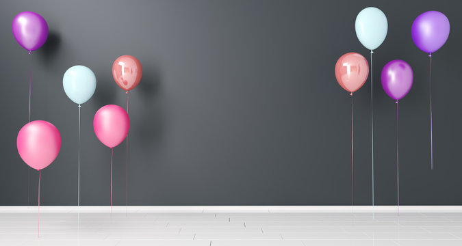 Flying Colorful Baloons In Empty Room With Space. 3D Rendering
