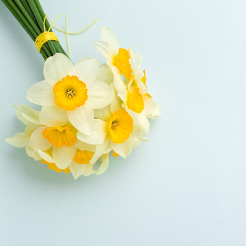 Fototapeta Spring flowers daffodil bouquet - top view of white narcissus on blue pastel background with copy space.
