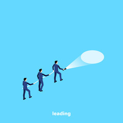 a man in a business suit with a flashlight leading his colleagues, an isometric image
