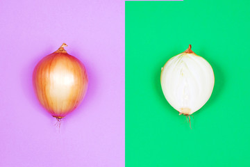 Flat lay of whole and cut onion on bright background