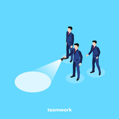 a man in a business suit with a flashlight leading his colleagues, an isometric image