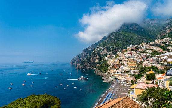 Panoramic view of the town of Positano at  Amalfi Coast, Italy.