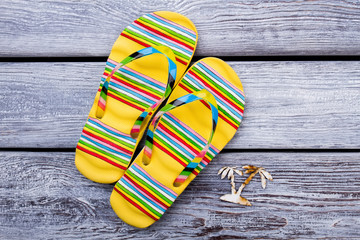 Yellow flip flops and tiny palm. Flat lay, beach footwear concept on grey wooden background.