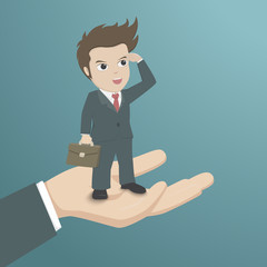 Businessman standing and looking forward on the big hand of supporter.Vector cartoon illustration for business leader vision with assistant concept.
